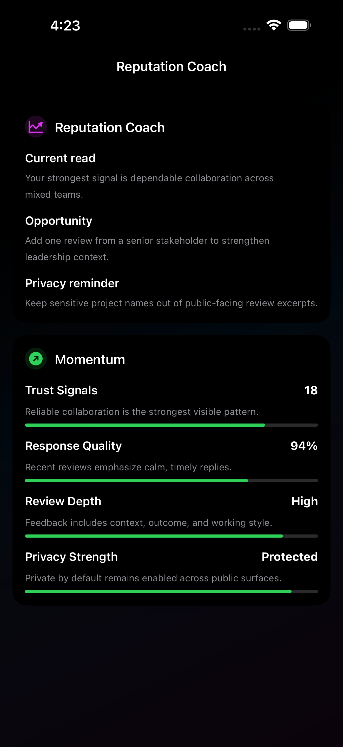 Truvyo analytics and reputation coach screenshot